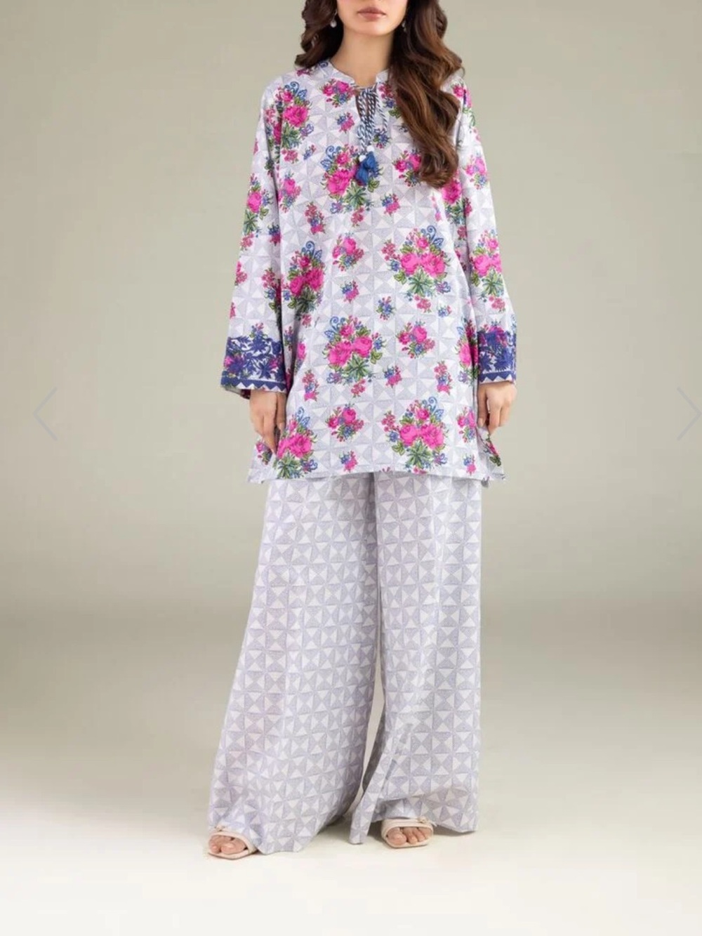 KHAADI Floral two piece Set - White with Pink & Blue Floral